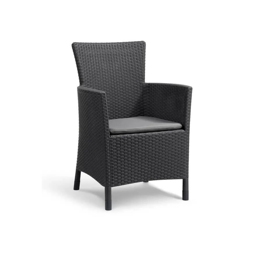 Fauteuil de jardin Gris aspect rotin tressé avec coussin polyester